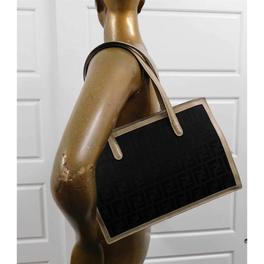 Fendi Vintage Black‎ Zucca FF Canvas Khaki Leather Shoulder Bag